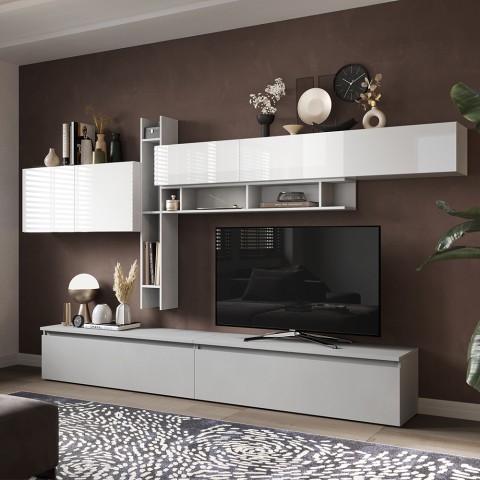 Moderne weiße TV-Wand Infinity 32 mit Regalböden und Bücherregal-Design Aktion