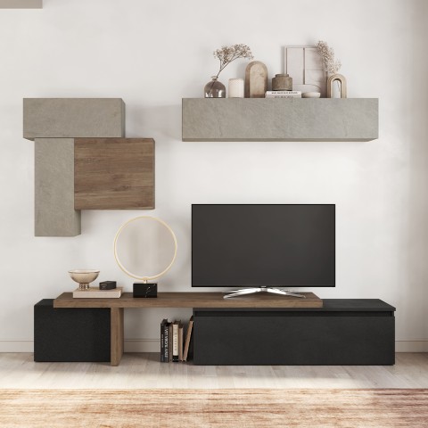 Moderne Wohnwand TV Holz Schwarz Hängemöbel Grau Infinity 34 Aktion