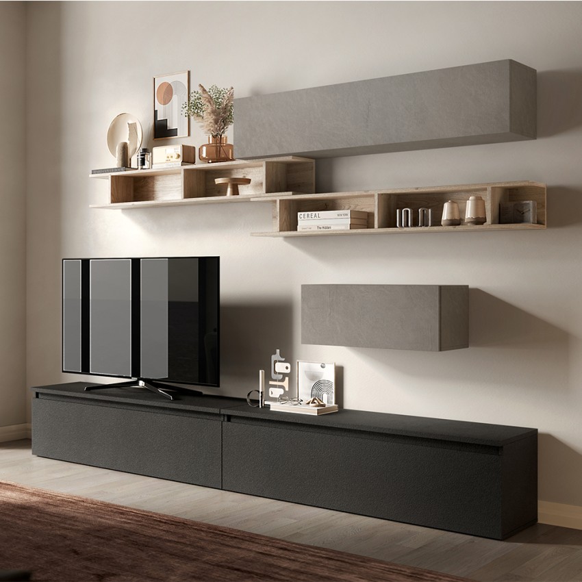 Moderne graue Wohnwand mit Holzregalen Infinity 39 Verkauf Moderne graue Wohnwand mit Holzregalen Infinity 39 Verkauf