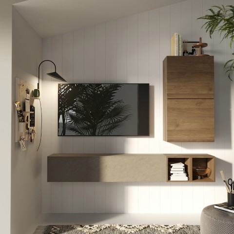 Moderne Wohnwand mit Holz-TV-Halterung und Hängemöbeln Infinity 47 Aktion