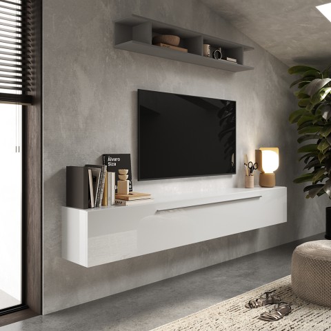 Moderne weiße Hänge-Wohnwand mit TV-Möbel und Regal Infinity 48 Aktion