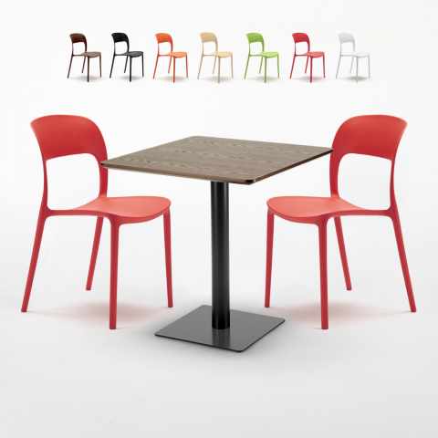 Quadratisch Tisch Holzeffekt 70x70 cm mit Bunten Stühlen Restaurant Melon Aktion