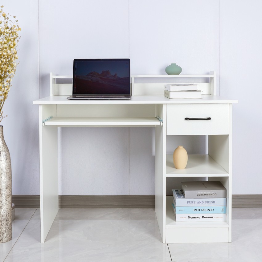 Weisser platzsparender Bürotisch obere Schublade Schiebeplatte Drums Light Aktion