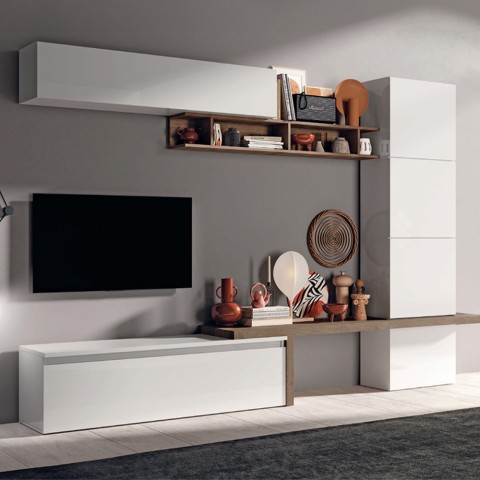 Moderne Wohnwand, TV-Schrank, weißes Hochglanz-Holz, Fantasy 03 Aktion