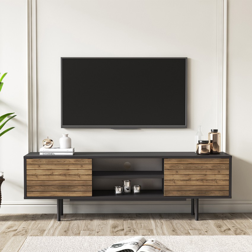 Moderner TV-Schrank schwarz mit Holztüren 160x35x52cm Colosseo Aktion Moderner TV-Schrank schwarz mit Holztüren 160x35x52cm Colosseo Aktion