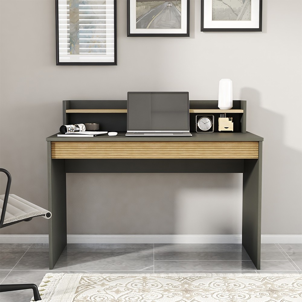 Schwarzer moderner Designschreibtisch aus Holz mit aufklappbarem Bücherregal 120cm Heaton