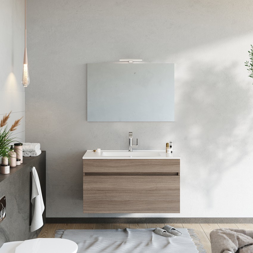 Hängender Badezimmerschrank mit Waschbecken 80 cm mit Spiegel und Lampe LED Bogota 80