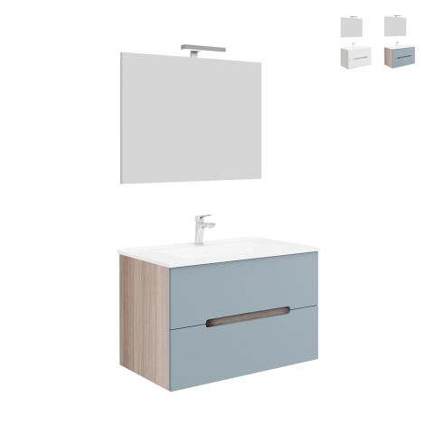 Wandbadezimmerschrank mit Schubladen Waschbecken 80cm Spiegel LED-Licht Iris 80 Aktion