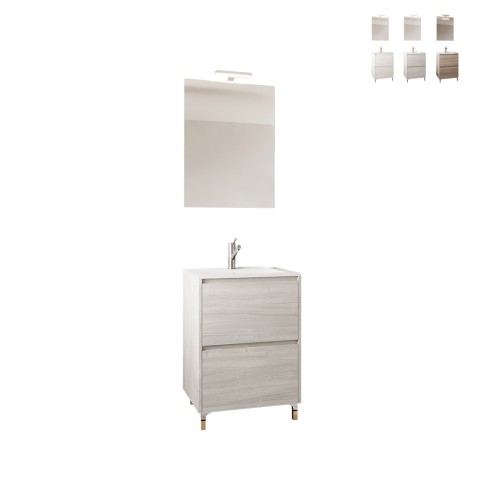 Platzsparender bodenstehender Badezimmerschrank mit Waschbecken 60cm LED-Spiegel Lisbona 60 Aktion