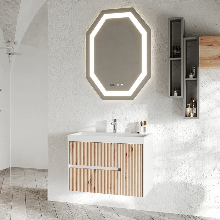 Hängender Badezimmerschrank 80 cm Waschbecken Spiegel Schubladen Tür Portofino 80