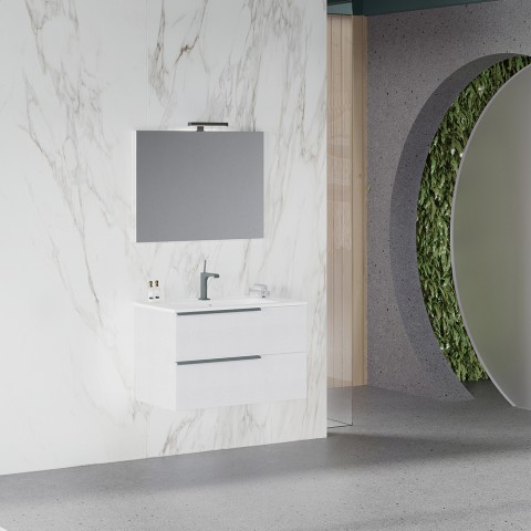 Weißer 80 cm langer wandmontierter Badezimmerschrank mit Waschbecken und LED-Spiegel Oikos 80 Aktion