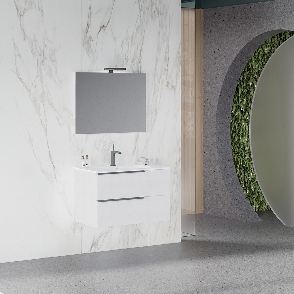 Weißer 80 cm langer wandmontierter Badezimmerschrank mit Waschbecken und LED-Spiegel Oikos 80