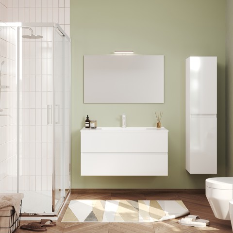Wandmontierter weißer Hochglanz-Badeschrank mit Spiegel Waschbecken 100 cm Easy 100 Aktion