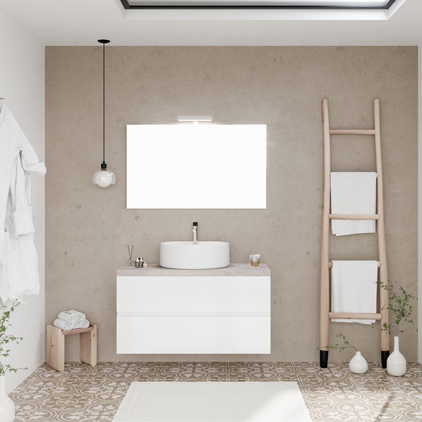 Hängender Badezimmerschrank, 100 cm, mit Aufsatzwaschbecken und Spiegel LED City 100