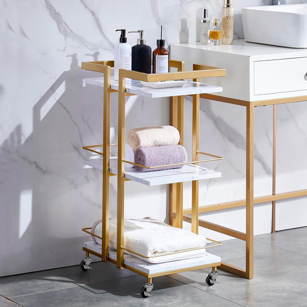 Friseurtrolley 4 Räder Metall gold marmoriert Mawi