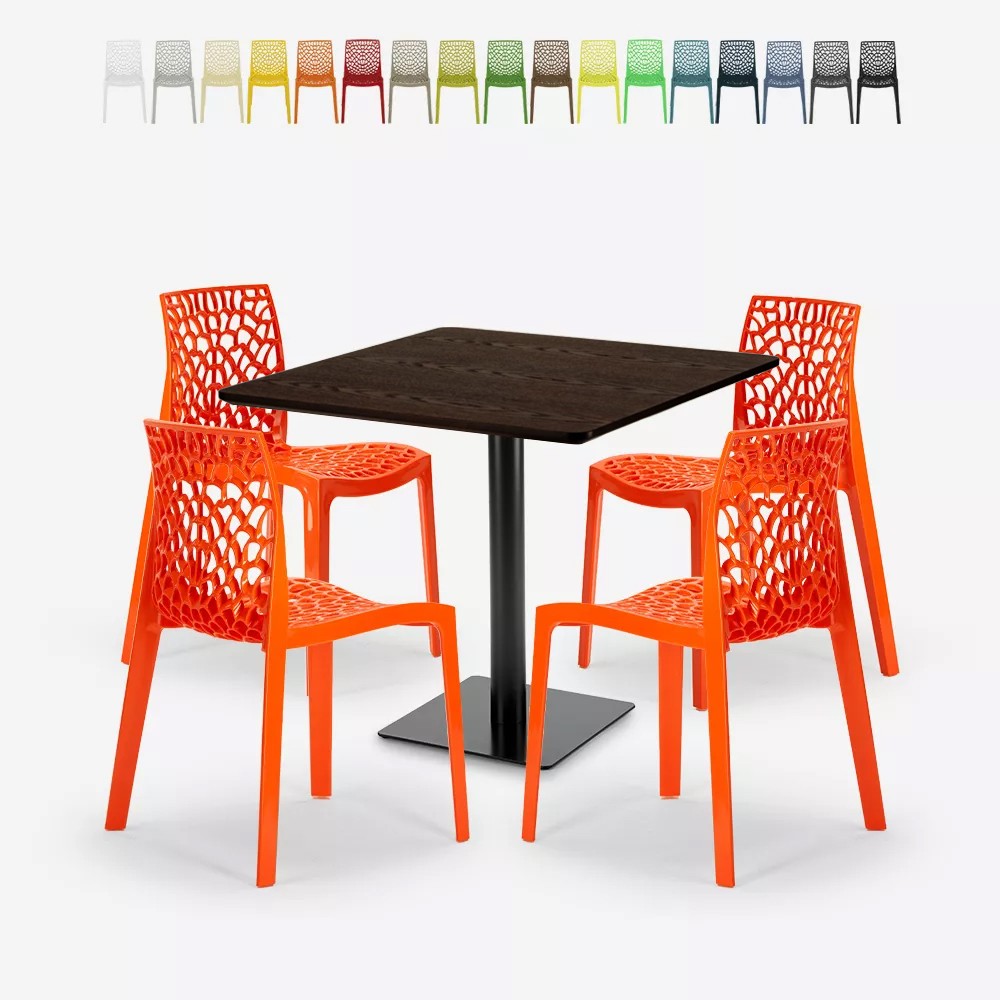 Couchtisch-Set aus Holz und Metall Horeca 90x90cm 4 stapelbare Designer-Stühle Dustin
