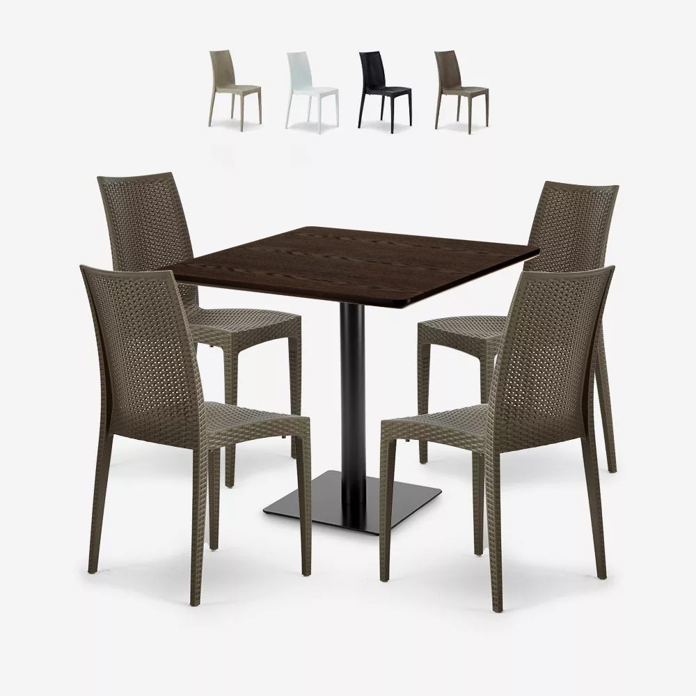 Holz-Couchtisch-Set 90x90cm Horeca 4 stapelbare Poly-Rattan-Stühle Barrett