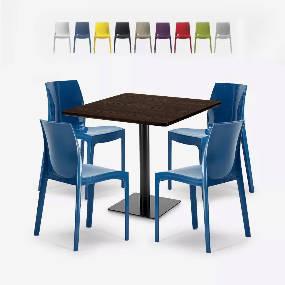 Holz Metall Couchtisch Set Horeca 90x90cm 4 stapelbare Stühle Bar Restaurant Yanez