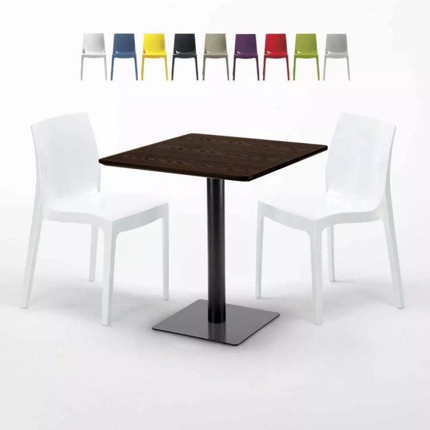 Quadratisch Tisch Holzeffekt 70x70 cm mit Bunten Stühlen Ice Melon Angebot Quadratisch Tisch Holzeffekt 70x70 cm mit Bunten Stühlen Ice Melon Angebot