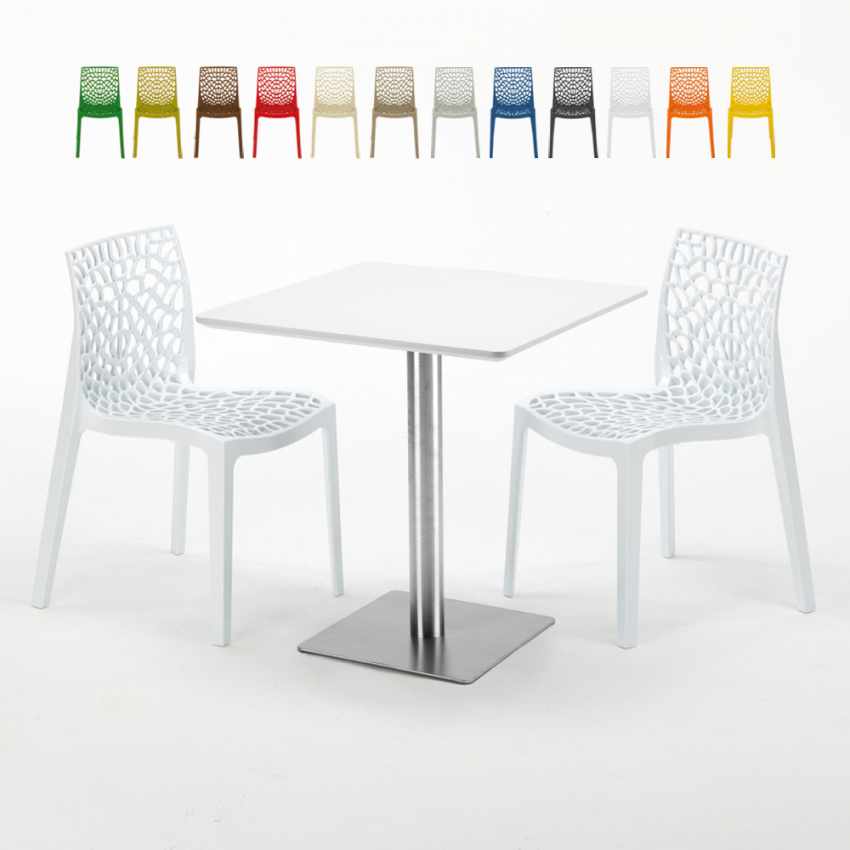 Weiß Tisch Stahlfuß Quadratisch 70x70 cm 2 Bunte Stühle Gruvyer Strawberry Angebot