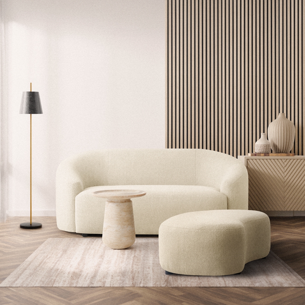 2-Sitzer Sofa gebogen und Stoffhocker Teddy bouclé weiss Nydou  