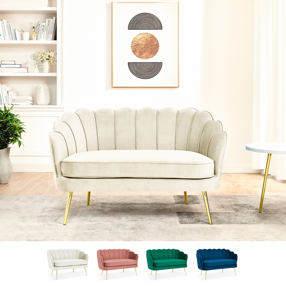  Balos: Zweisitzer-Sofa mit Muschelform aus Samt im Vintage-Stil mit goldenen Beinen

