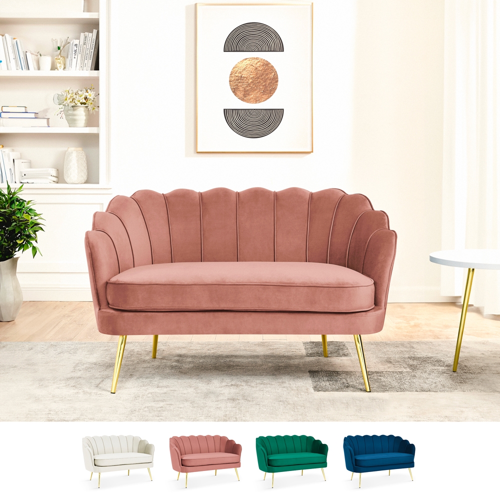 Muschelsofa 2-Sitzer aus Samt im Vintage-Stil, mit goldenen Beinen Balos