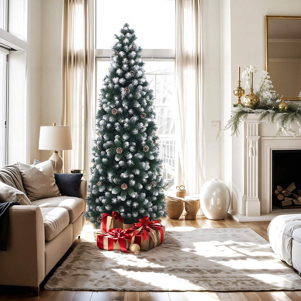 Weihnachtsbaum 180cm schneebedeckt grün geschmückt mit Tannenzapfen Poyakonda