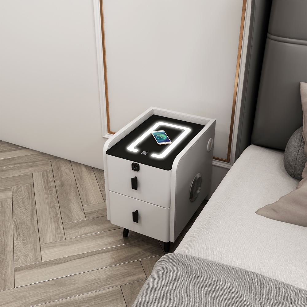 Weißer Schlafzimmer-Nachttisch mit LED-Licht und kabelloser Aufladung Tainy