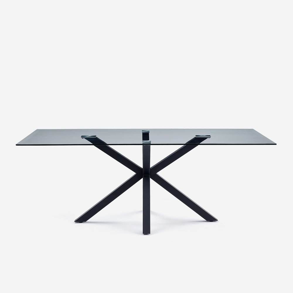 Tisch modern Design aus Glas mit gekreuzten schwarzen Beinen 200x100cm Laka Aktion