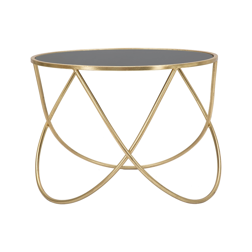 Moderner runder Couchtisch 60cm aus goldfarbenem Metall und schwarzem Glas Ring Aktion