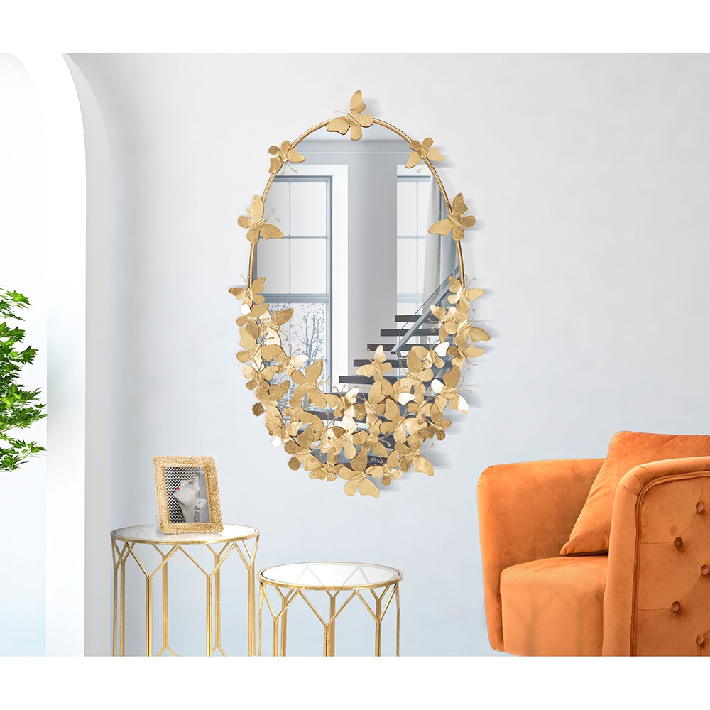  Butterfly Wind: Goldener ovaler Wandspiegel mit dekorativen Schmetterlingen



