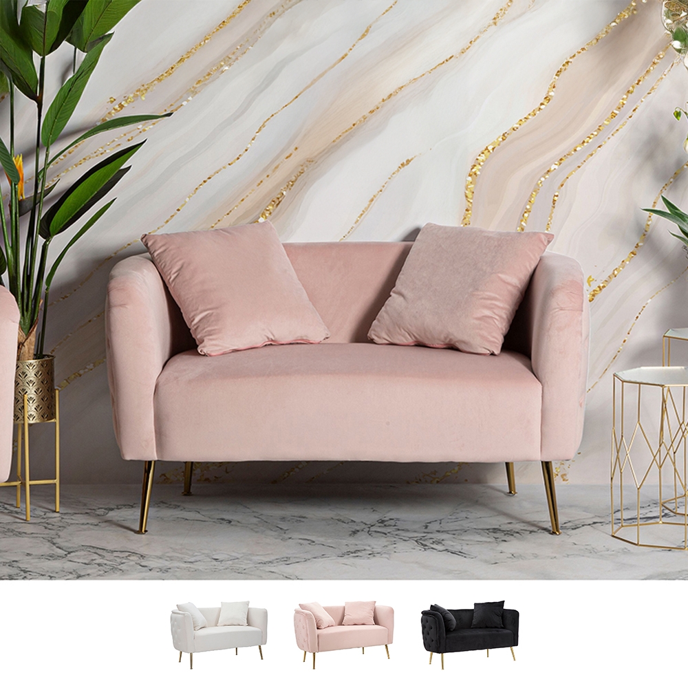 Glam 2-Sitzer Sofa aus Samt mit goldenen Füßen und zwei Kissen Bucarest-D