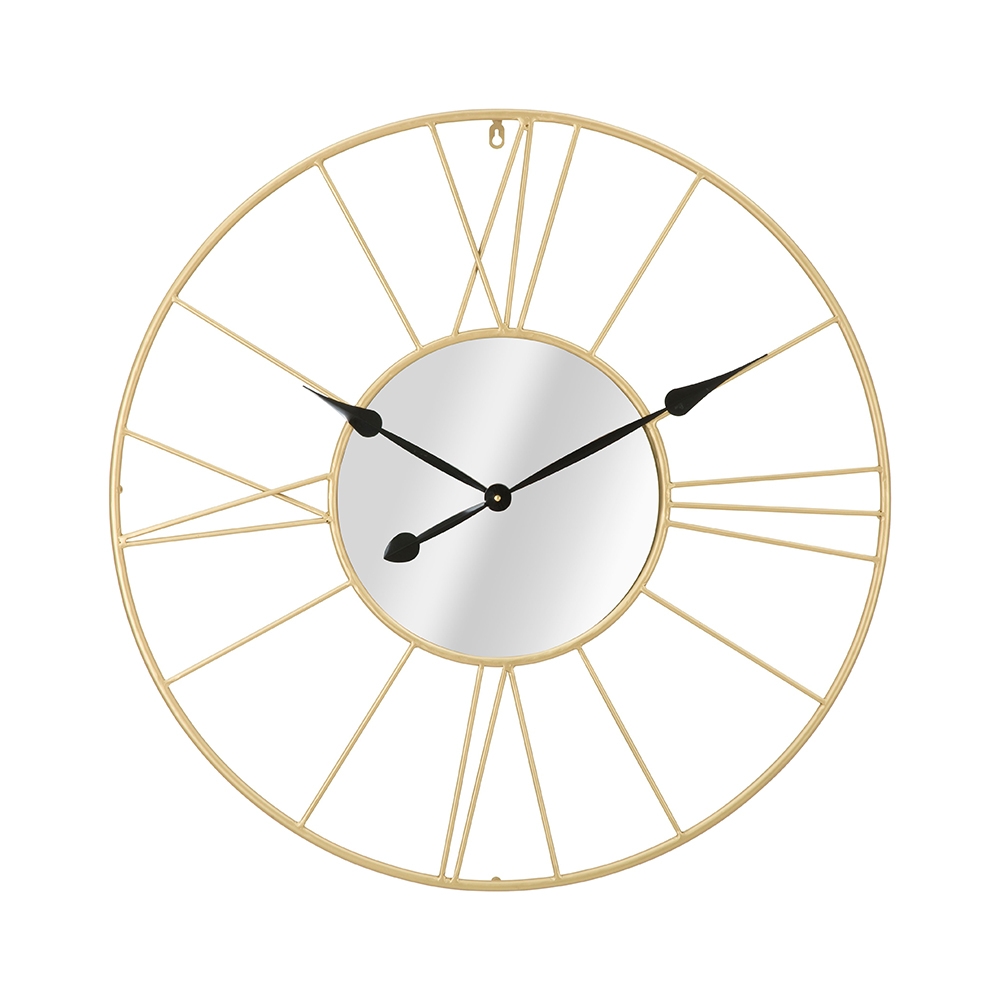 Wanduhr 80 cm rund aus goldfarbenem Metall mit Spiegel Stick