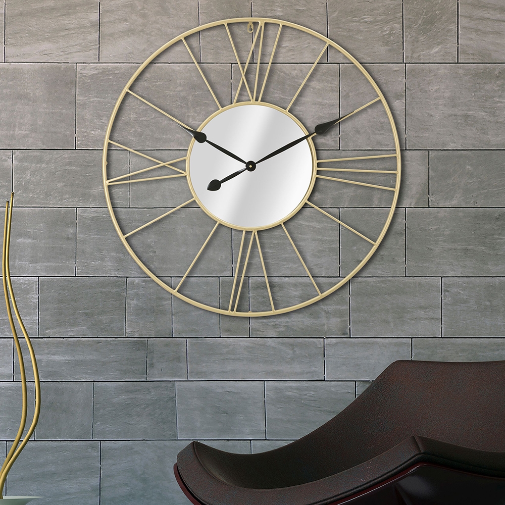  Stick: oRunde Wanduhr aus vergoldetem Metall 80cm mit Spiegel
