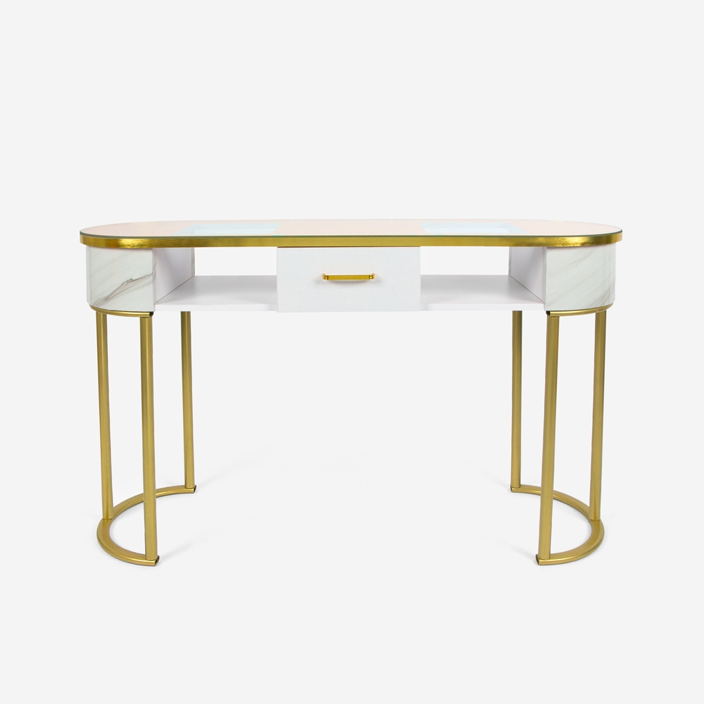  Jess: Kosmetiktisch-Konsole aus Glas und goldfarbenem Metall mit Marmoreffekt



