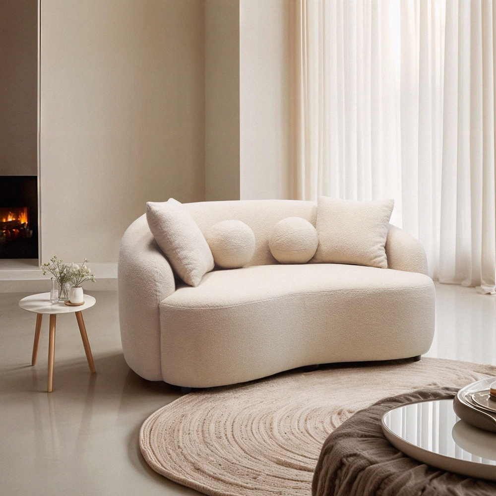 Sofa Design 2-Sitzer geschwungen beige Teddybouclé-Stoff Lazy Aktion Sofa Design 2-Sitzer geschwungen beige Teddybouclé-Stoff Lazy Aktion