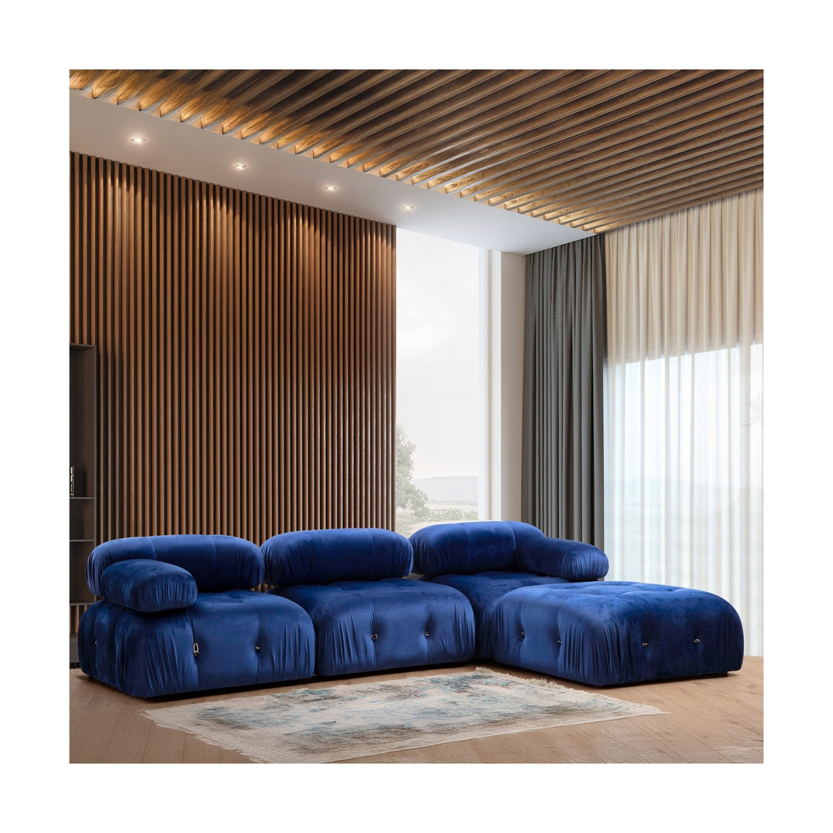 Sofa modul 4-Sitzer blau mit Samtfußhocker Bubble 3SPV Aktion