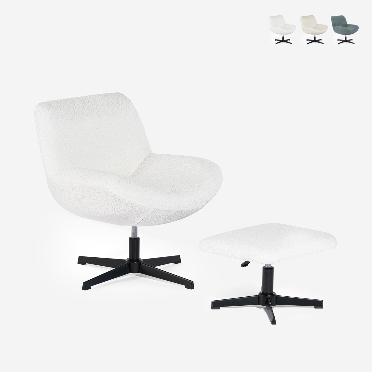 Sessel Wohnzimmer ergonomisch drehbar aus Bouclé mit Fußstütze Janes Maße Sessel Wohnzimmer ergonomisch drehbar aus Bouclé mit Fußstütze Janes Maße