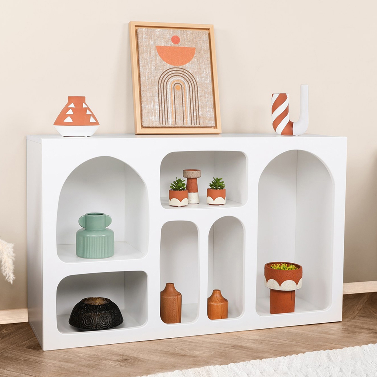 Weiße Design-Konsole für den Eingangsbereich mit geschwungenen Fächern 120x37cm Liva Aktion Weiße Design-Konsole für den Eingangsbereich mit geschwungenen Fächern 120x37cm Liva Aktion