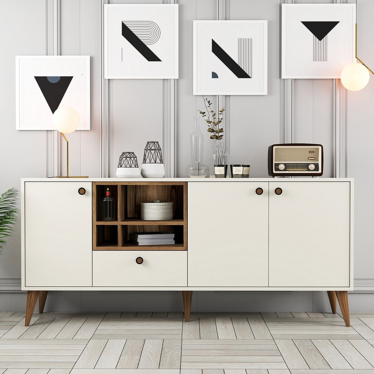 Anrichte Napoli Weiß und Holz 180x35cm mit Türen für das Wohnzimmer Aktion Anrichte Napoli Weiß und Holz 180x35cm mit Türen für das Wohnzimmer Aktion