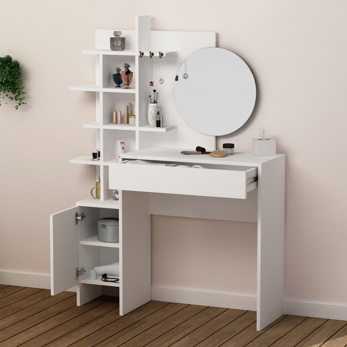 Make-up-Station weiß mit rundem Spiegel und Regalen Mup