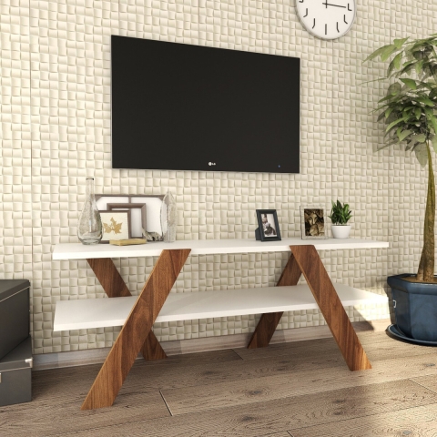 Design-TV-Schrank 120 cm Weiß und Holz mit 2 Regalböden Basic Aktion