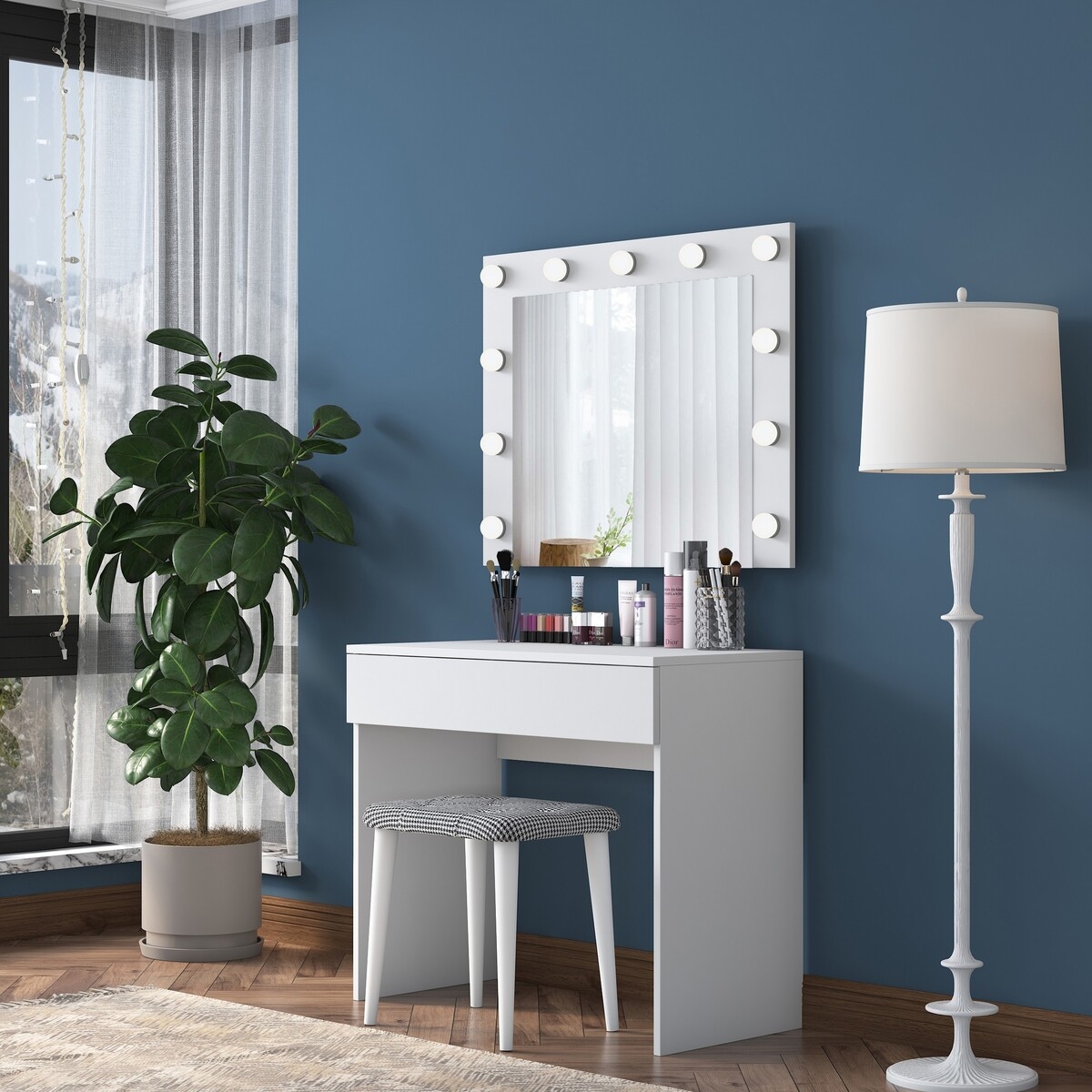 Schminktisch mit LED-Spiegelschublade und Hocker Tabs