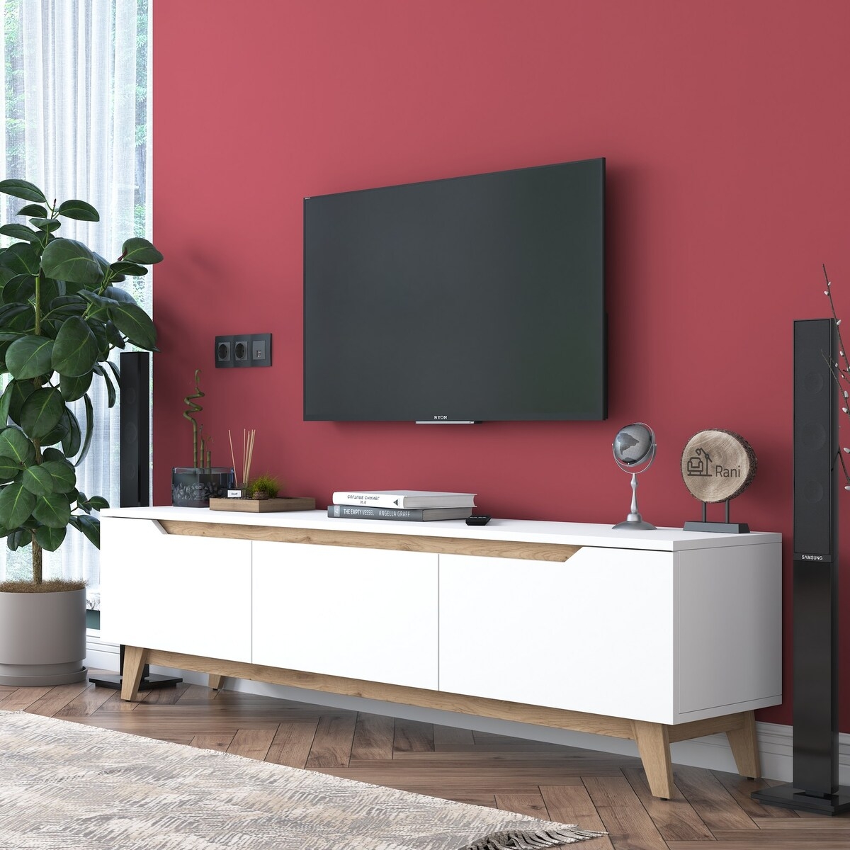 Moderner TV-Ständer 180cm Weiß und Holz mit 3 Türen Amelia Aktion Moderner TV-Ständer 180cm Weiß und Holz mit 3 Türen Amelia Aktion
