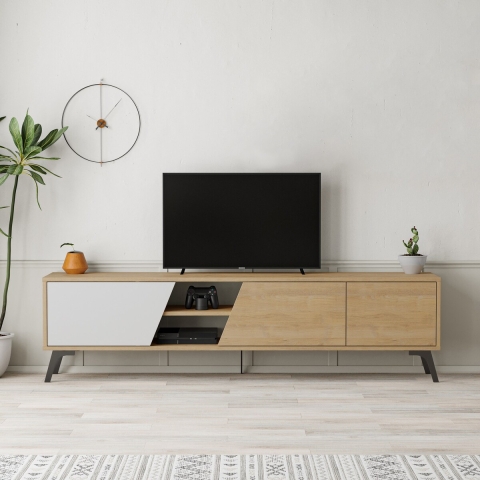 Moderner TV-Schrank 180 cm, 3 Türen, Weiß und Holz, Fiona Aktion