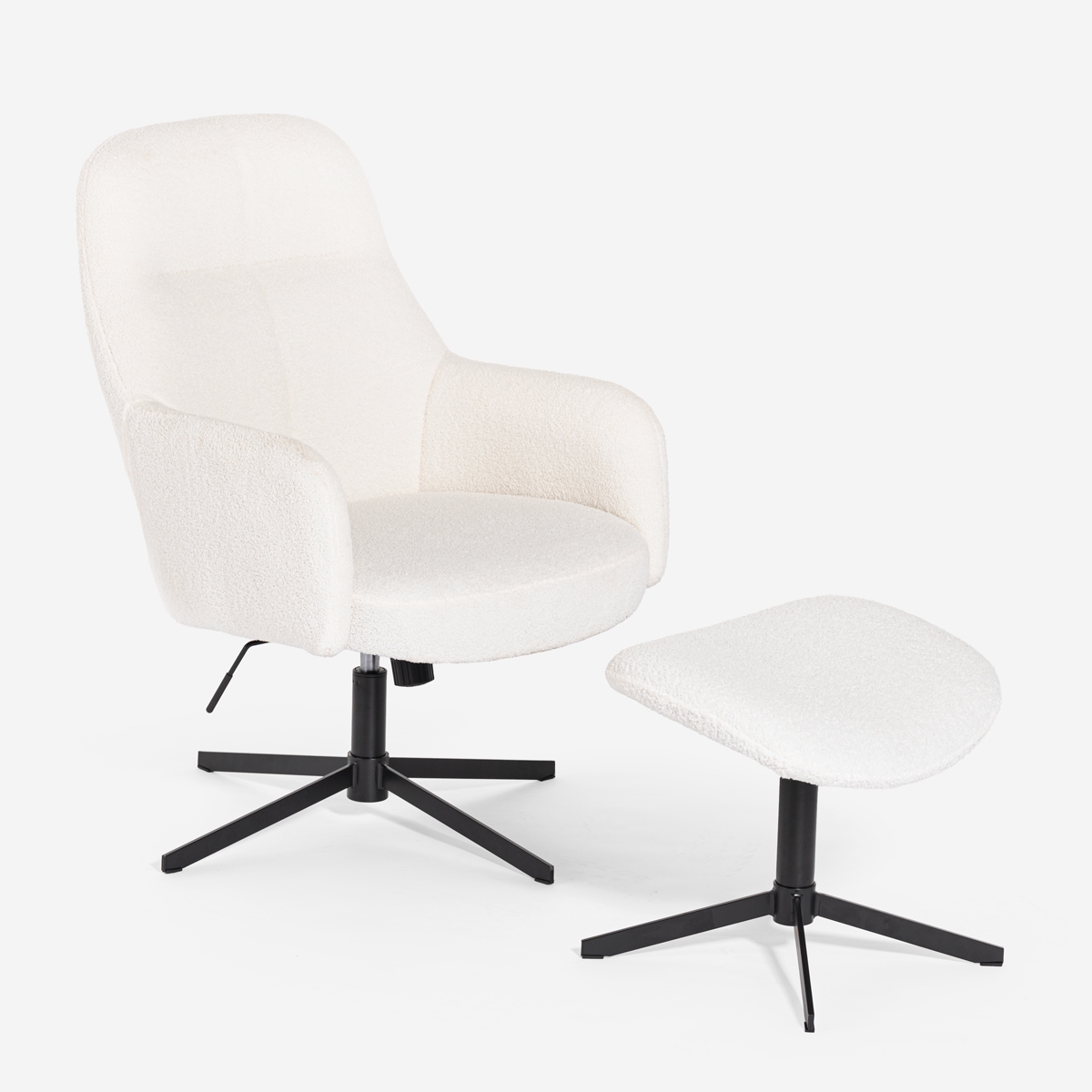 Sessel mit Fußhocker aus weißem Bouclé für das Wohnzimmer Büro Shiro