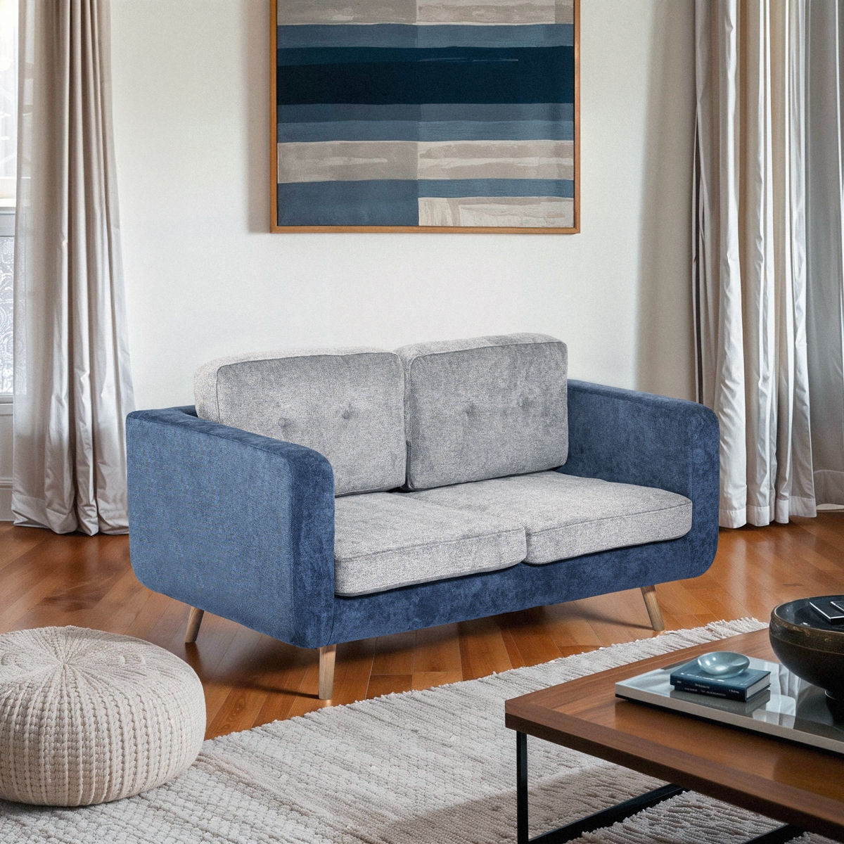 Sofa 2-Sitzer aus zweifarbigem grauem und blauem Stoff mit Wechselkissen Biko