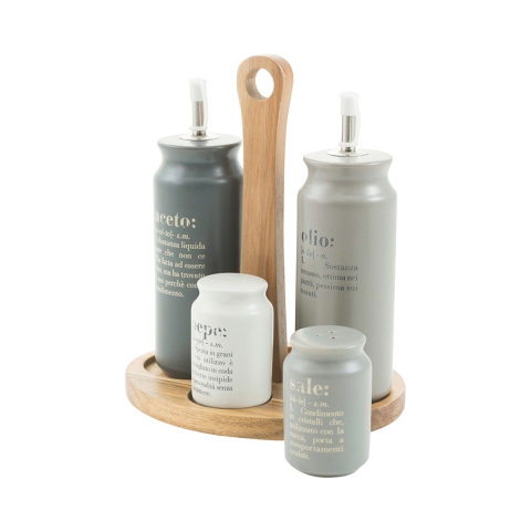 Gewürzständer-Set aus Holz, 5-teilig mit Keramik-Ölflasche, Victionary B Aktion