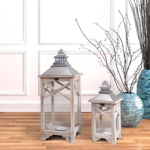 Set aus 2 Shabby-Chic-Laternen mit grauem Holz-Kerzenhalter Kediri Aktion